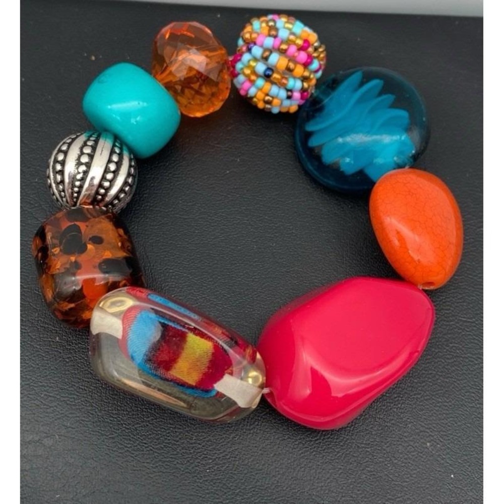Chunky Colorful Glass And Acrylic Beaded Bangle Stretch Bracelet